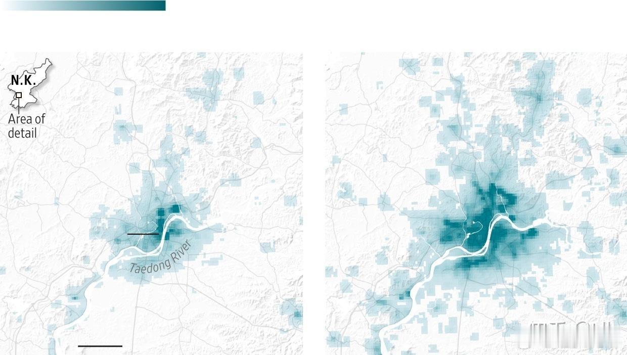 卫星图像对比了2019年与2025年平壤夜间光照强度，2025年该区域亮度有明显