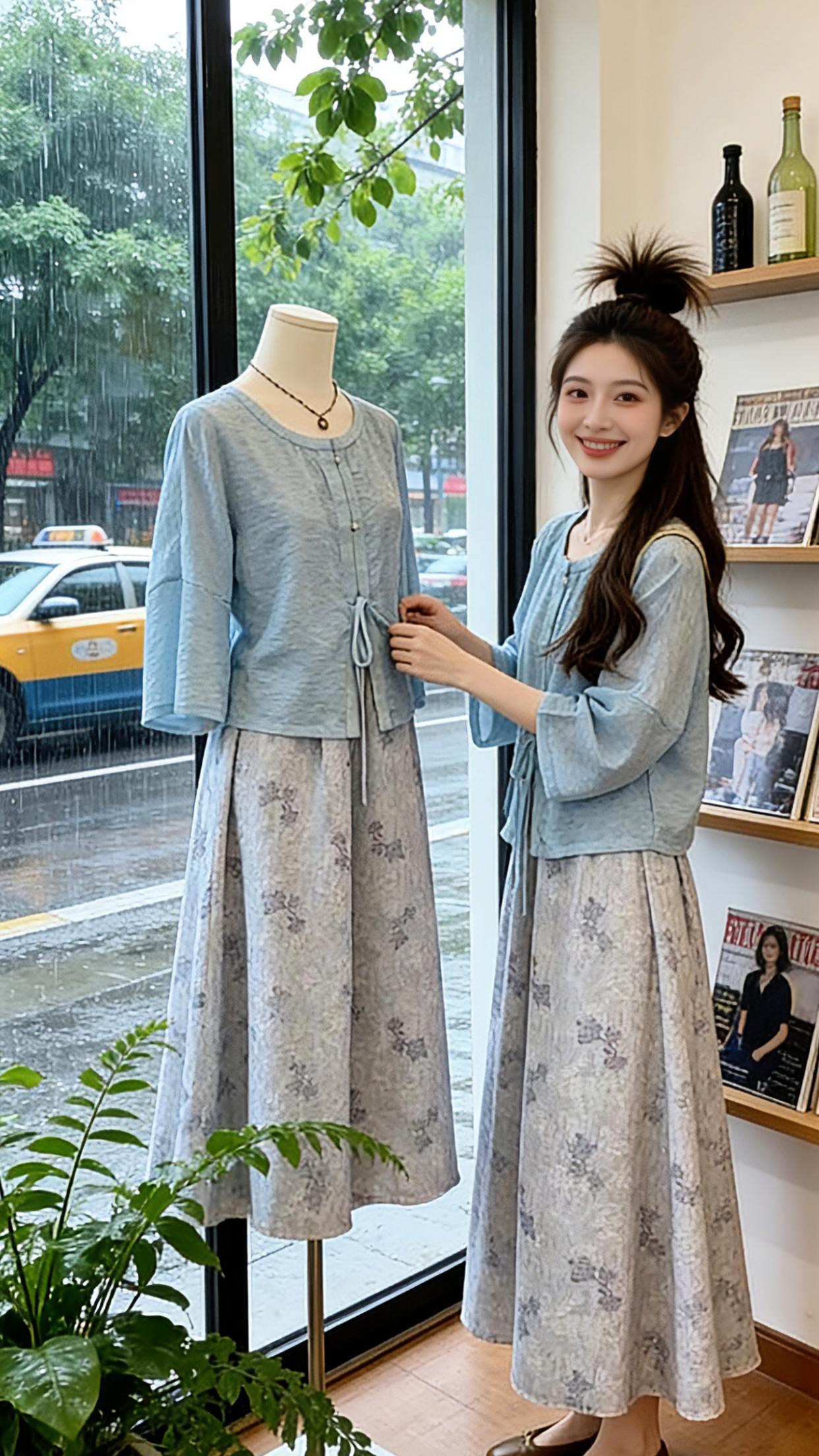 夏天的松弛感，被这套清润蓝调新中式套装承包了。自带江南温柔氛围感，宽松版型不挑身