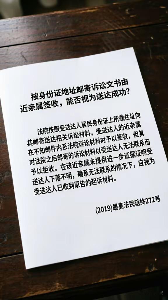 按身份证地址邮寄诉讼文书由近亲属签收，能否视为送达成功?法院按照受送达人居民身份