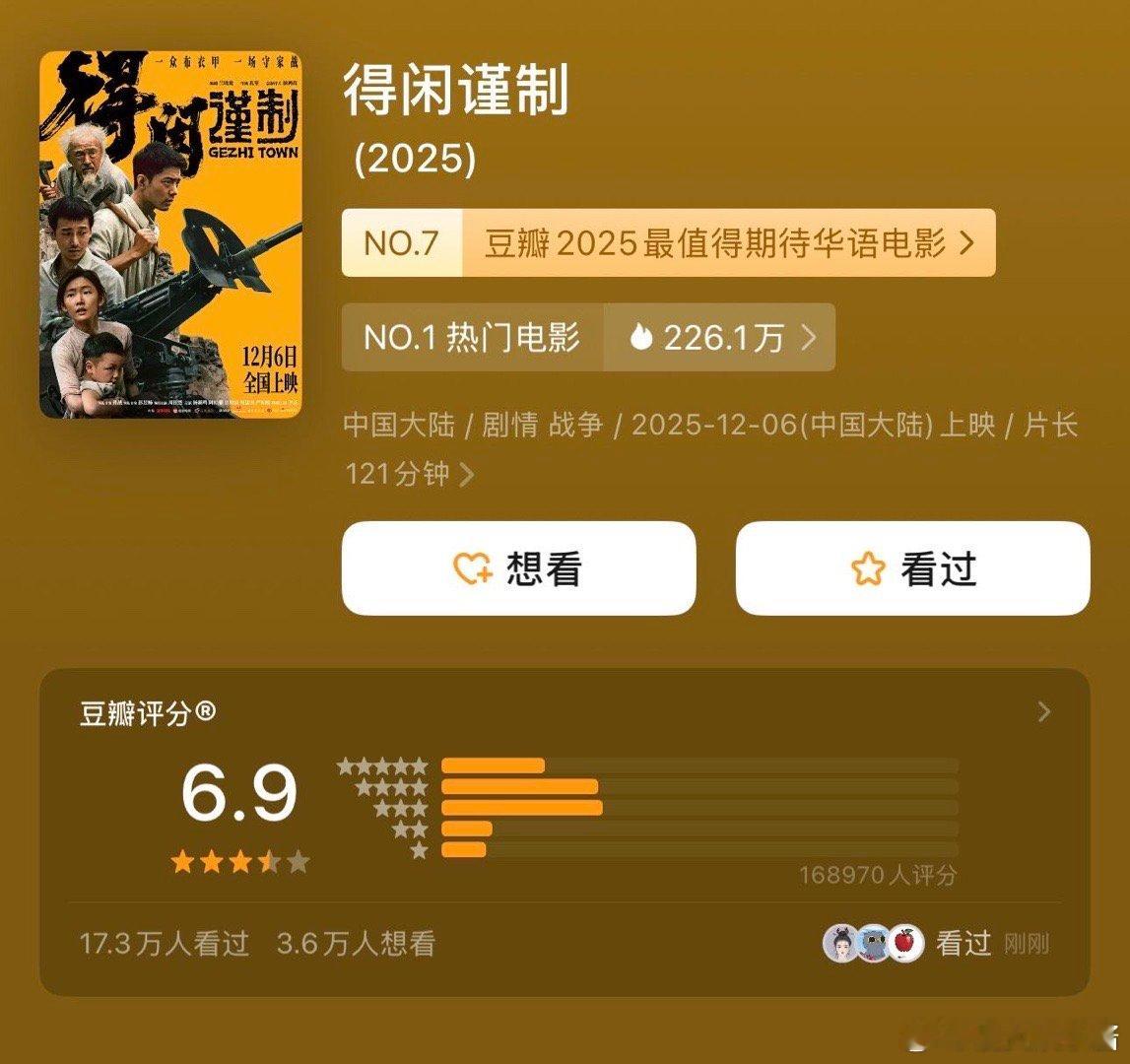 得闲谨制豆瓣开分6.9 科普一下：豆瓣开分机制≠电影真实价值。《得闲谨制》的质量