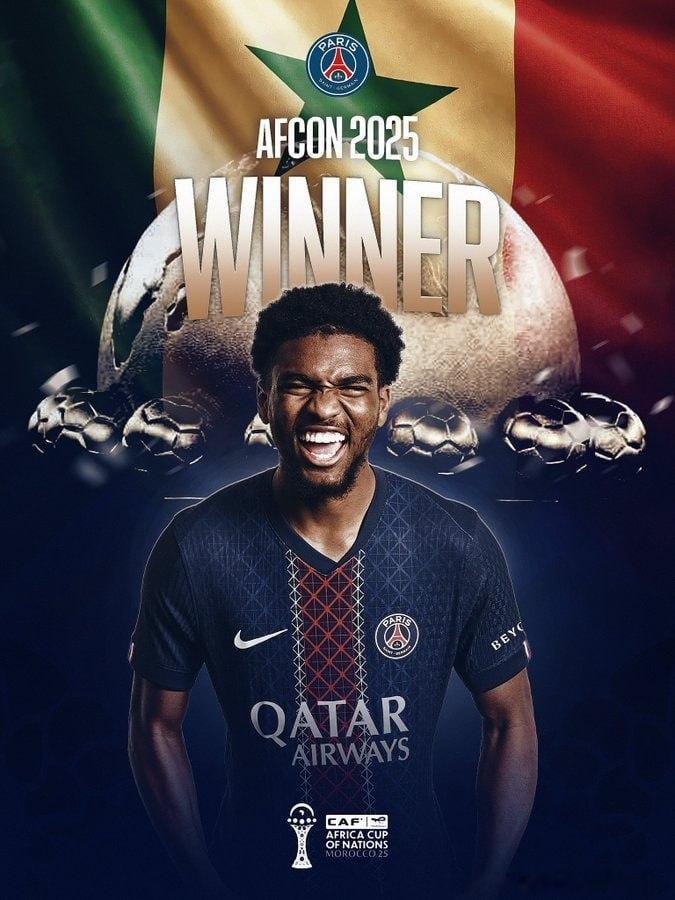 【巴黎圣日耳曼官方晒海报，祝贺姆巴耶随塞内加尔问鼎非洲杯】        非洲杯