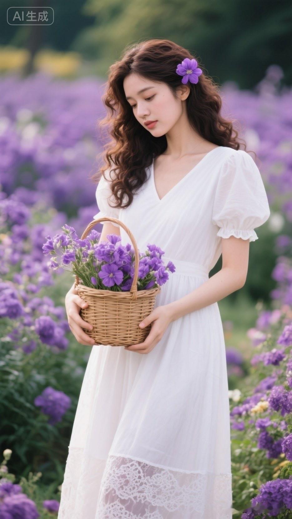 梦幻花田中的少女，手捧花篮，唯美浪漫