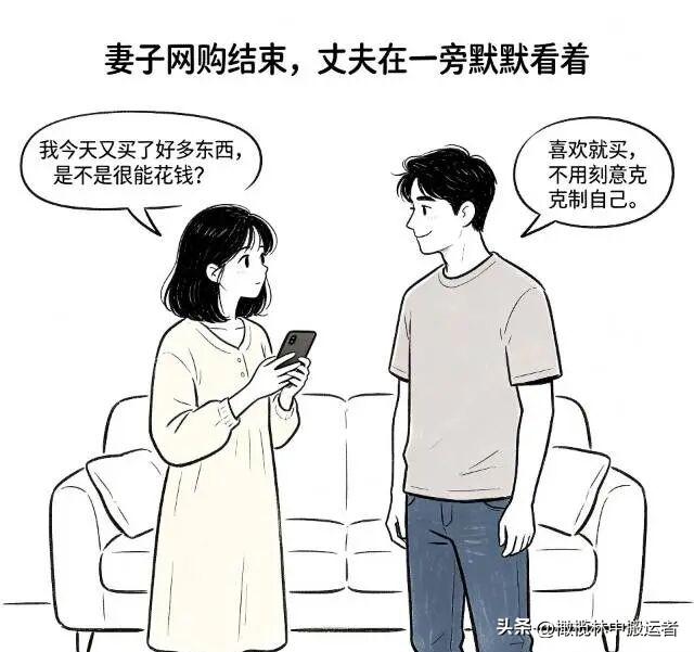 趣味漫画:妻子刚结束网购，有点忐忑地问丈夫：我又买了一大堆东西，是不是特别能花钱