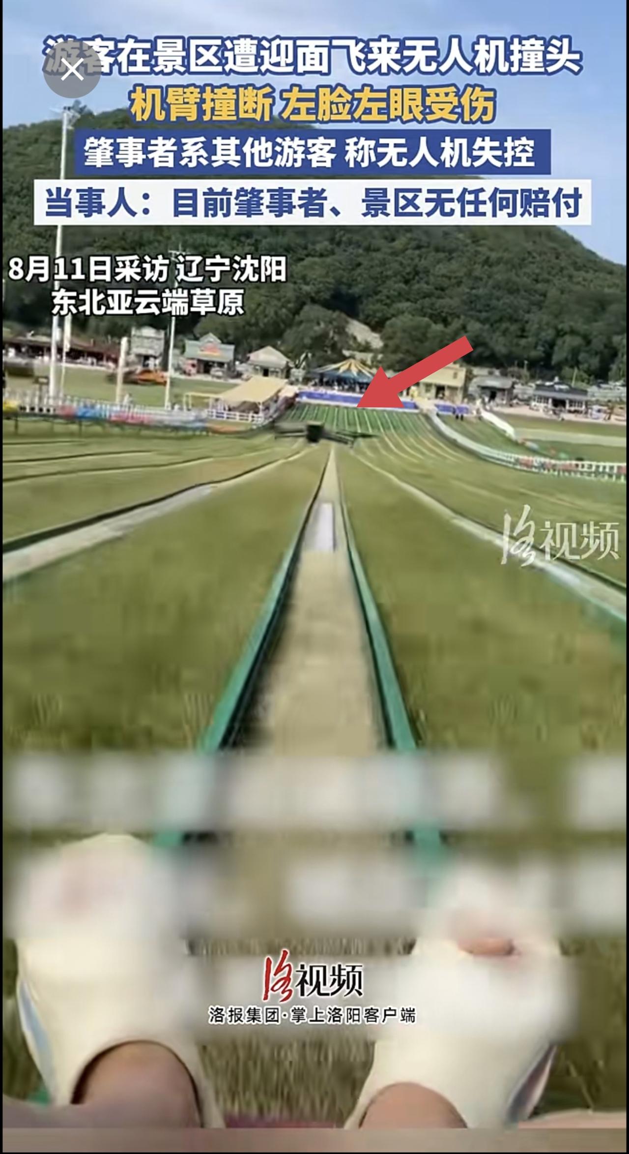 游客在景区遭迎面飞来无人机撞头，机臂撞断 左脸左眼受伤，肇事者系其他游客 称无人