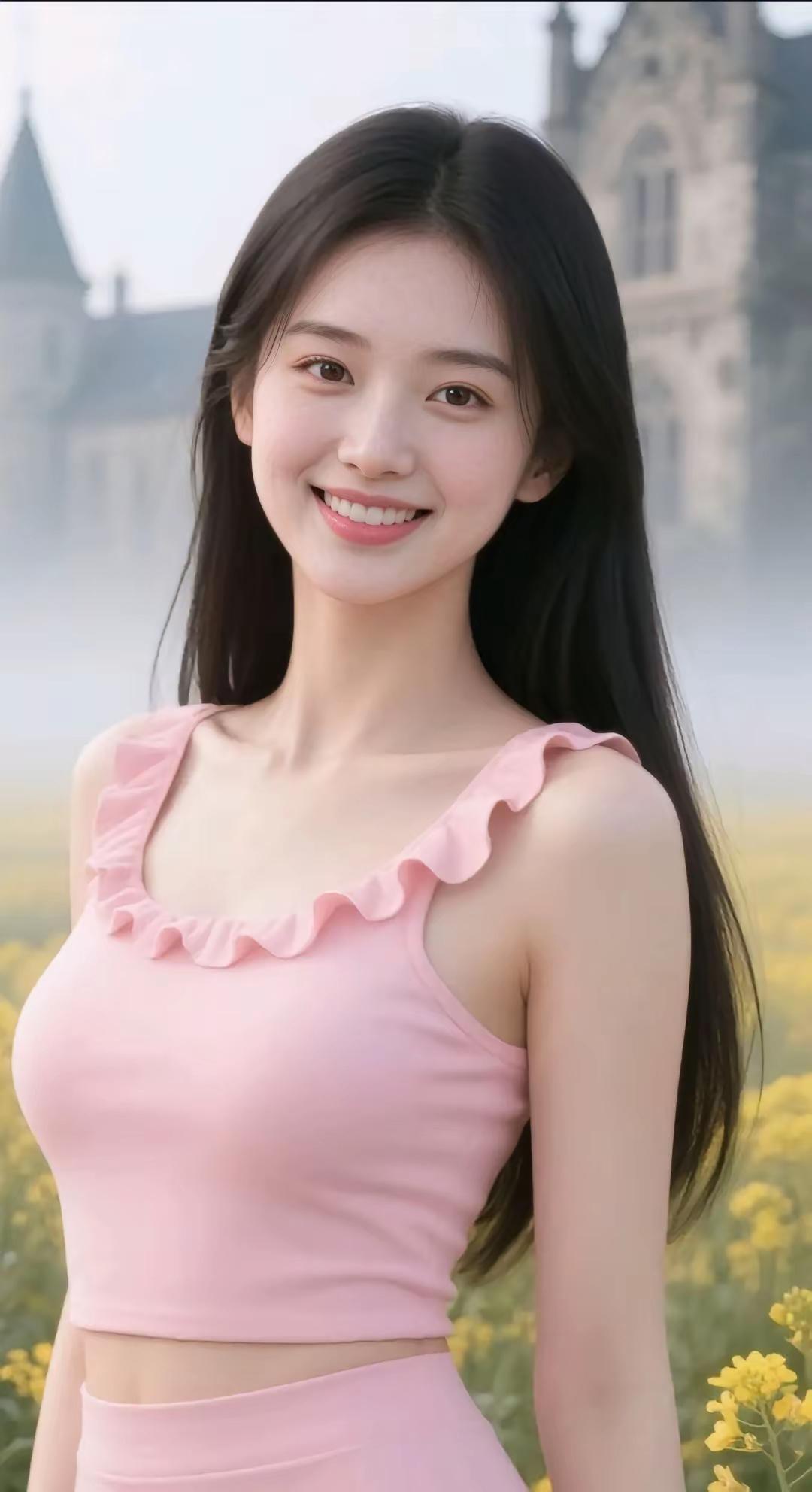 甜美少女在花田中微笑，梦幻城堡背景，少女心满满！🌸💖