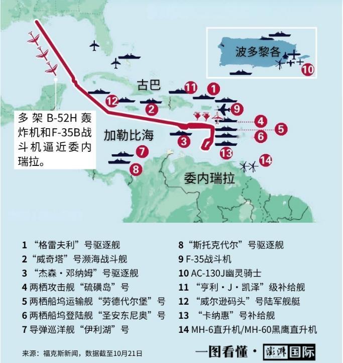美国“福特”号航母及护航驱逐舰日前已离开地中海，正式进入加勒比海，那里隶属美军南