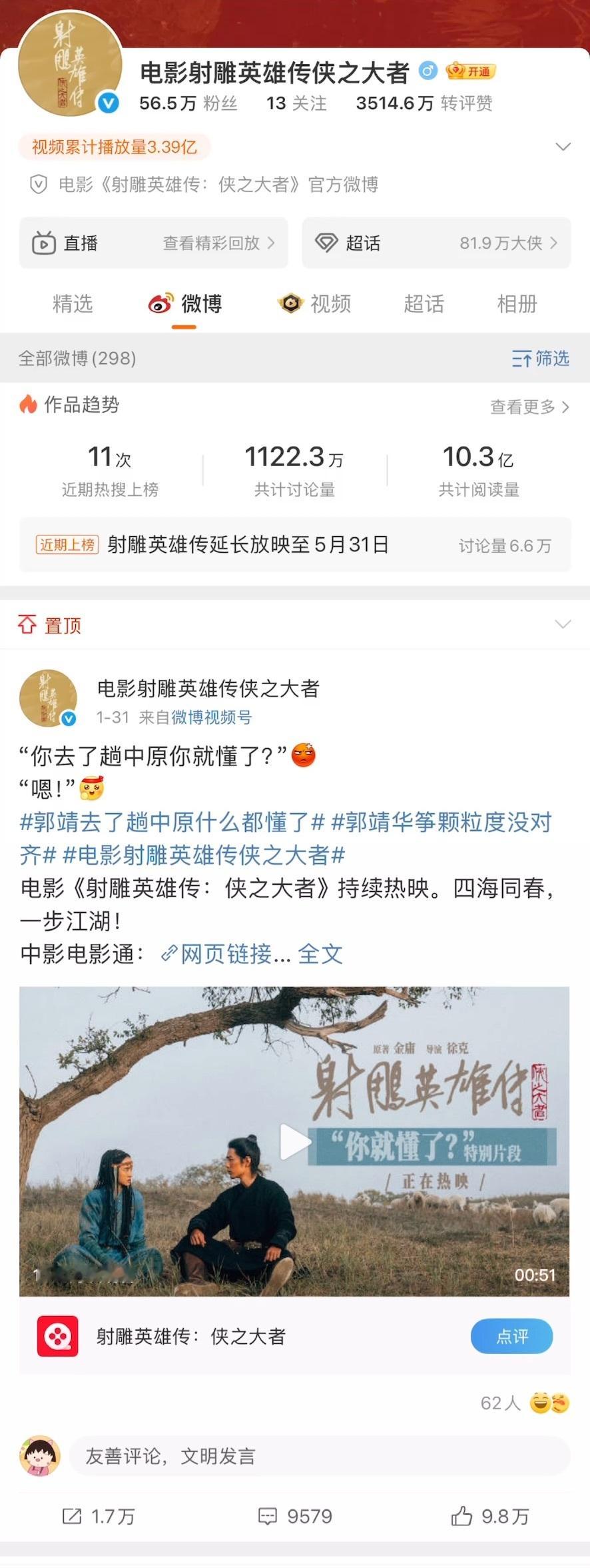 电影射雕英雄传侠之大者官博置顶至今都是郭靖和华筝特辑。这部片子从一开始就是想炒郭