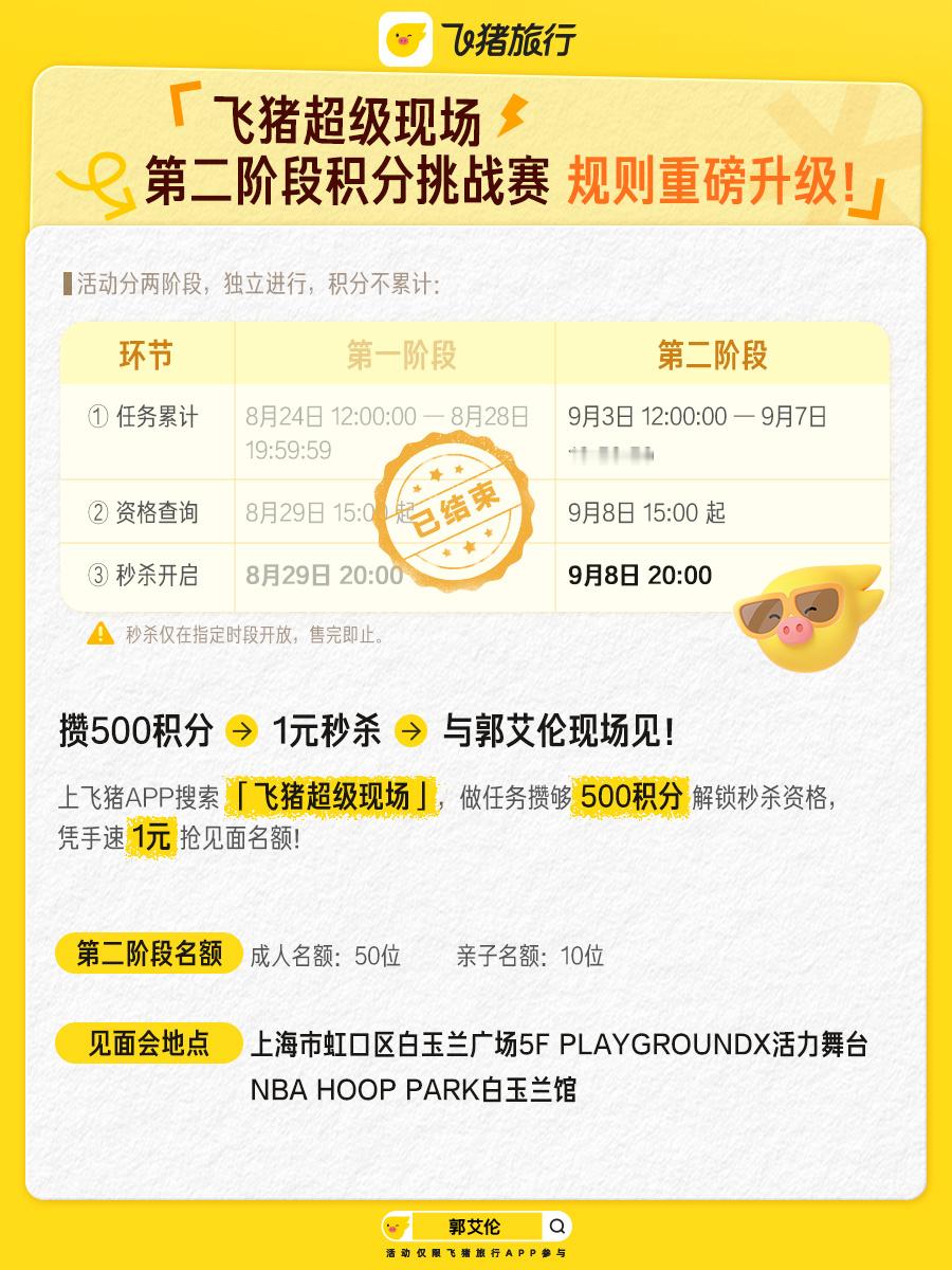 飞猪请郭艾伦给88VIP上私教课没抢到首轮郭艾伦超级现场门票别灰心，第二阶段开启