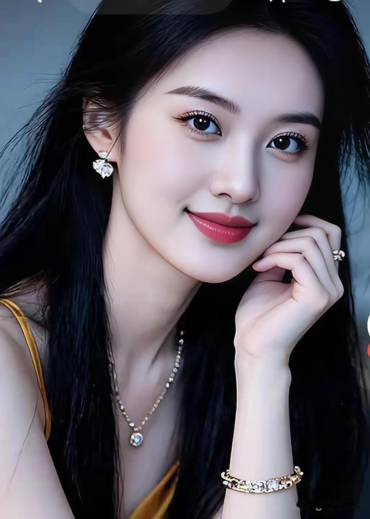 佳人俏容
乌发垂肩轻拂荡，
珠饰耀彩映容光。
眉弯目笑含情韵，
妆淡风清不肆张。