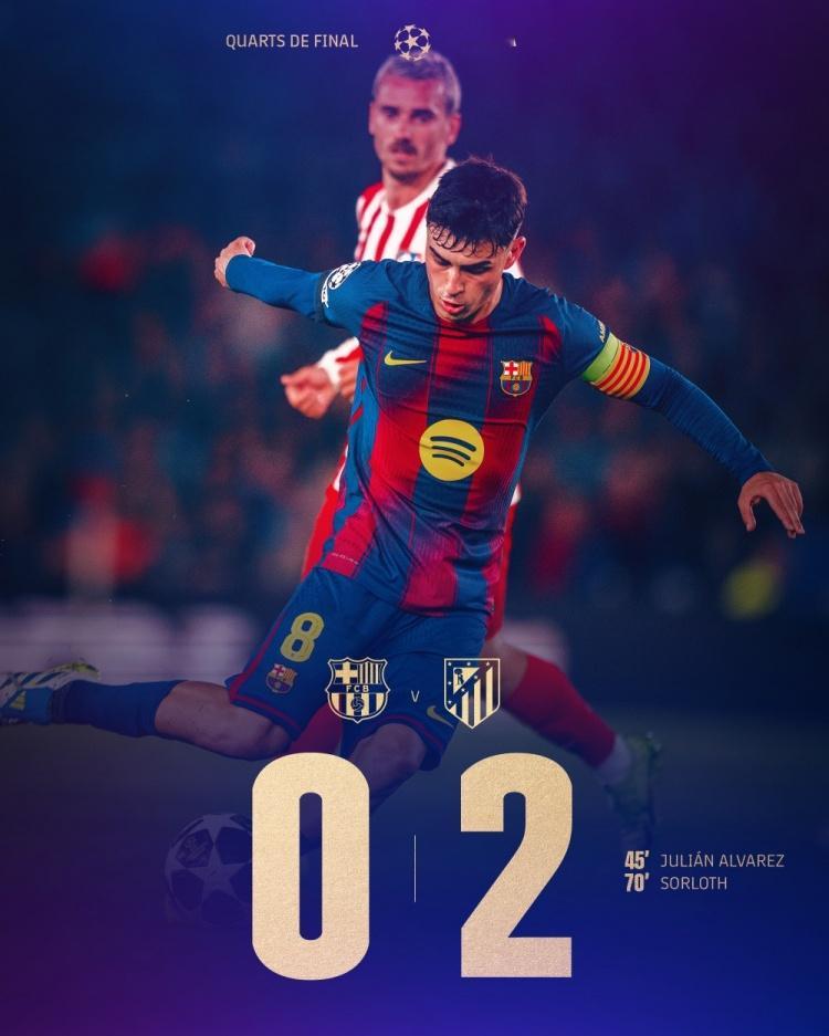 4月9日讯 欧冠1/4决赛首回合，巴萨主场0-2不敌马竞。历史数据统计显示，巴萨