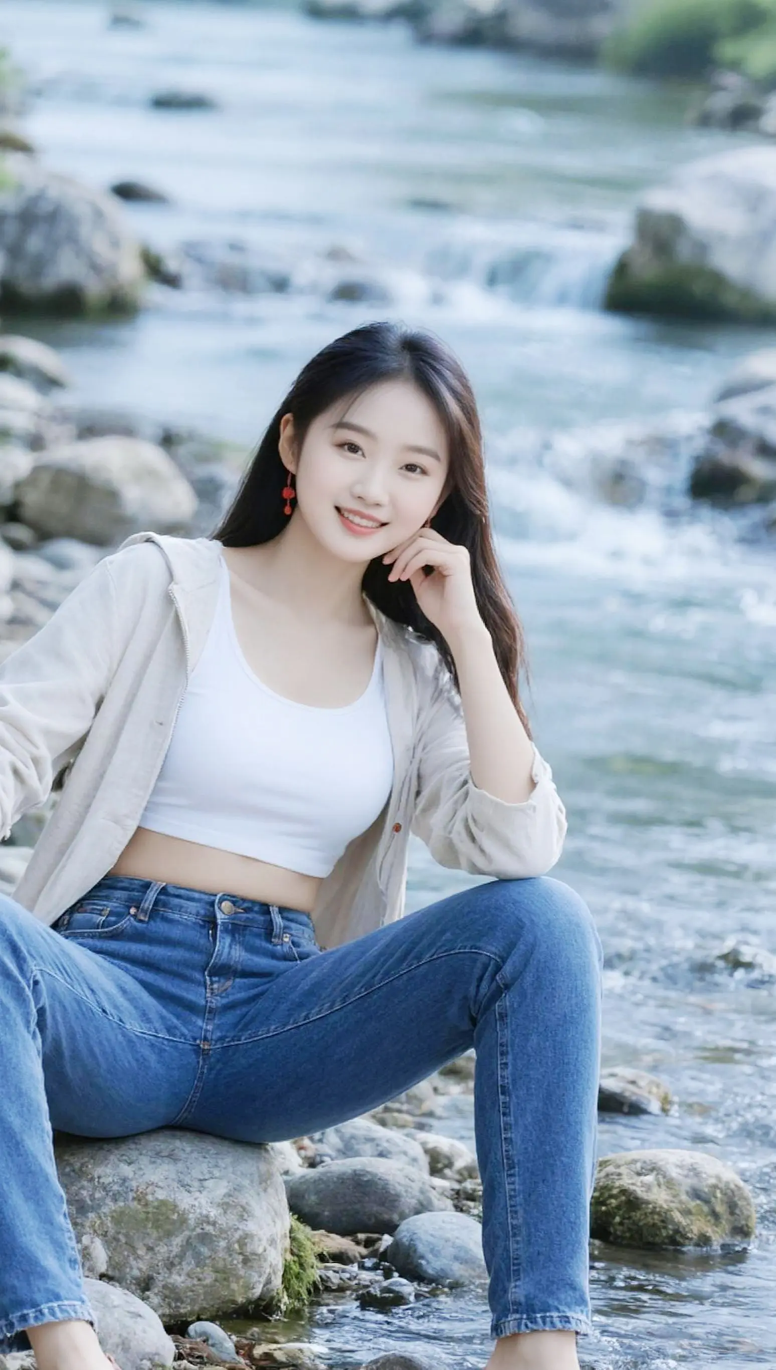 AI河畔曲线写真 随变ai随便玩 溪边女孩 山水与甜妹 自然温柔风