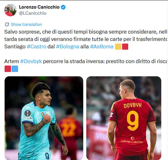 Canicchio：不出意外的话，卡斯特罗加盟罗马的转会文件将在今天午夜全部签署