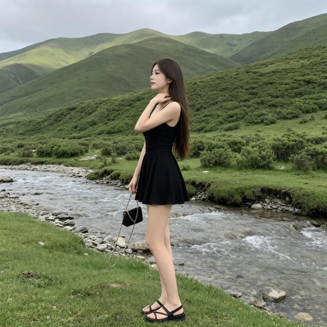 一位女孩站在河边，风景很美。