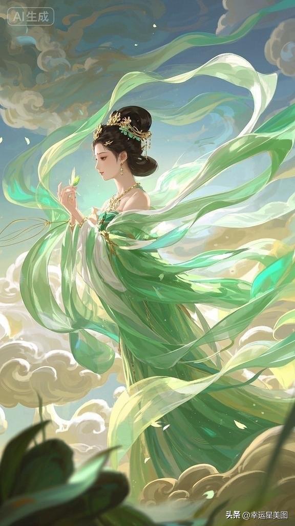 仙气飘飘的绿衣女神，与祥云仙兽相伴，置身于梦幻仙境之中。