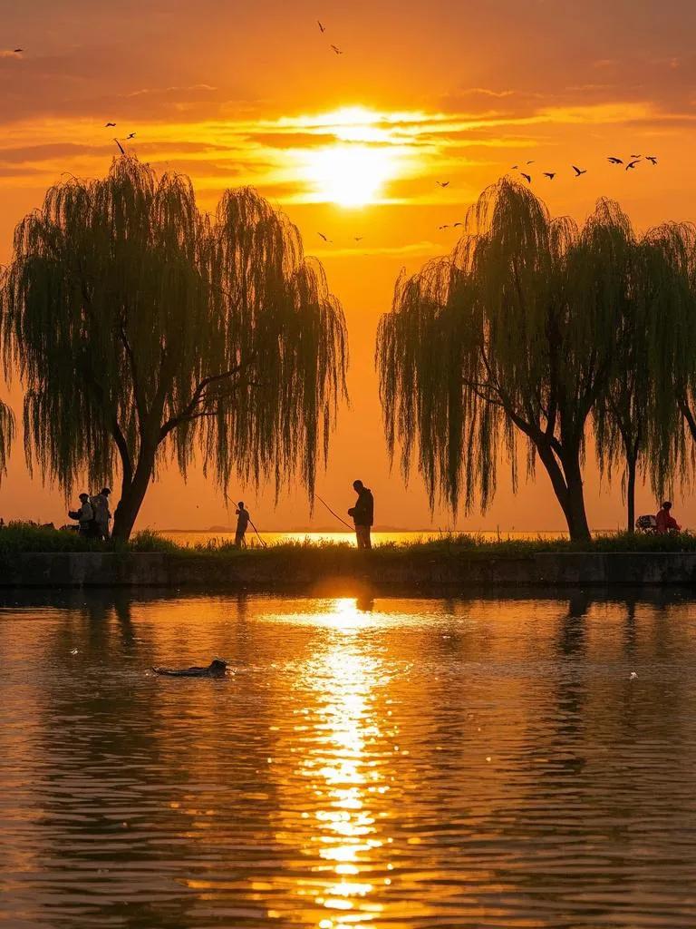  夕阳下巢湖，湖面耀金，鱼儿戏光；天际云霞似火，飞鸟归巢；岸边垂柳伴钓客，山水共