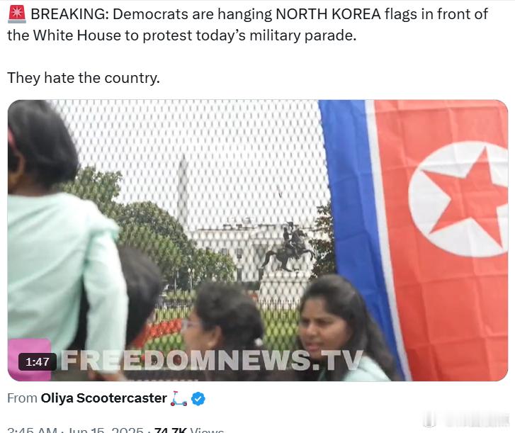 民左党人在白宫前悬挂朝鲜国旗，以抗议今天的军事阅宾。他们讨厌这个国家。 ​​​