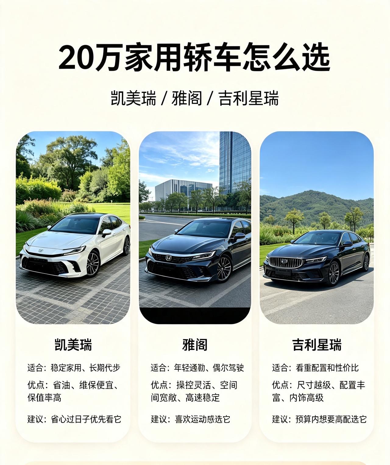 不少上班族既要日常家用，偶尔还要开车接待客户，20万预算这三台完美平衡需求。凯美