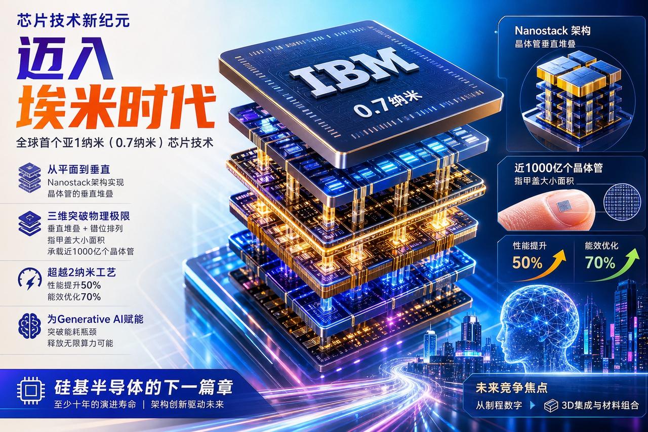【芯片进入原子尺度，IBM用3D堆叠续写摩尔定律】

IBM发布了全球首个亚1纳