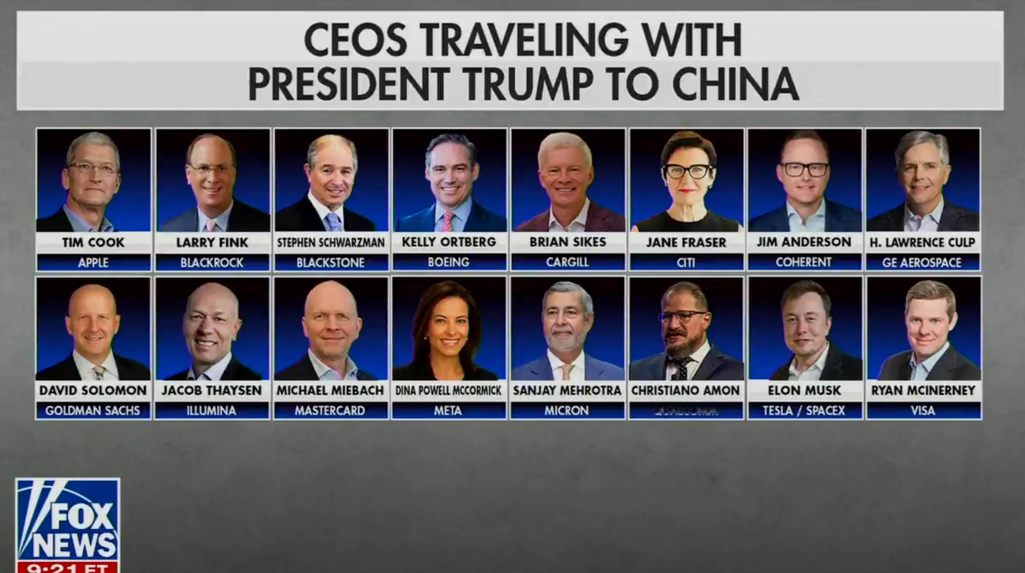🔻随同特朗普访华的美国 CEO🔻via 福克斯新闻特朗普访华海外新鲜事热点现