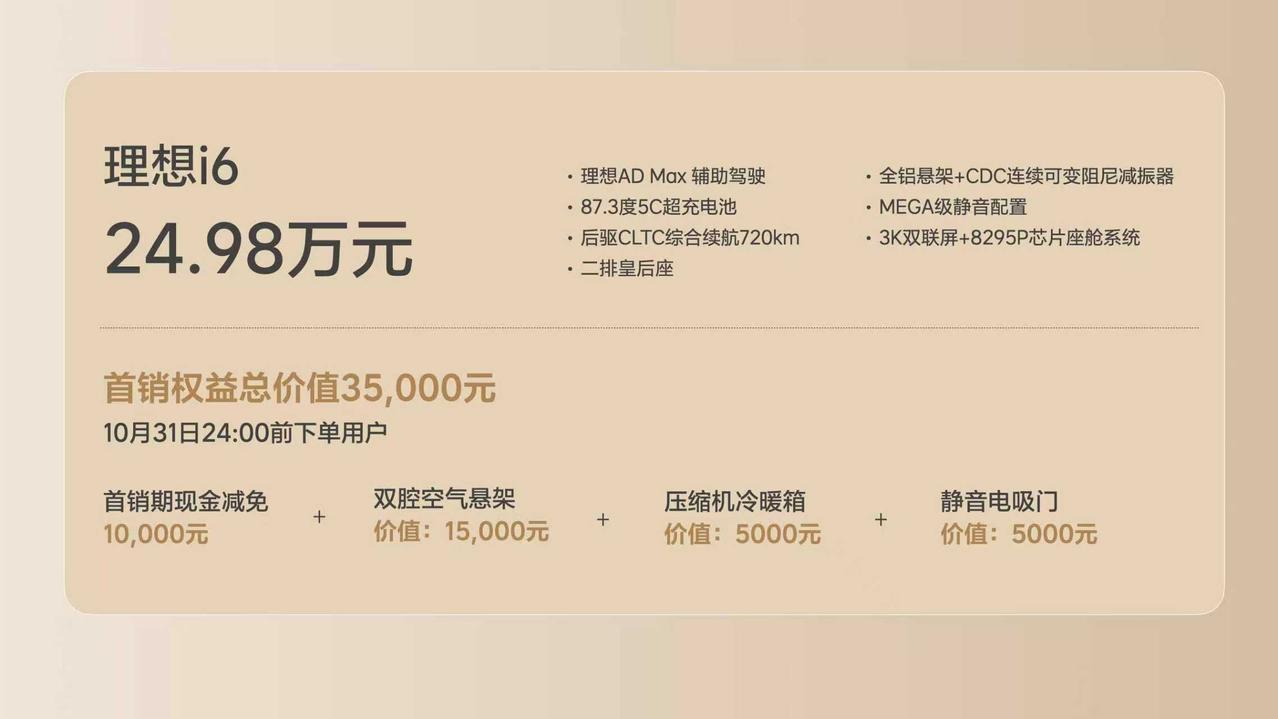 理想i6真的豁出去了，只推出一款配置，指导价24.98万，入门即高配。而且在首销