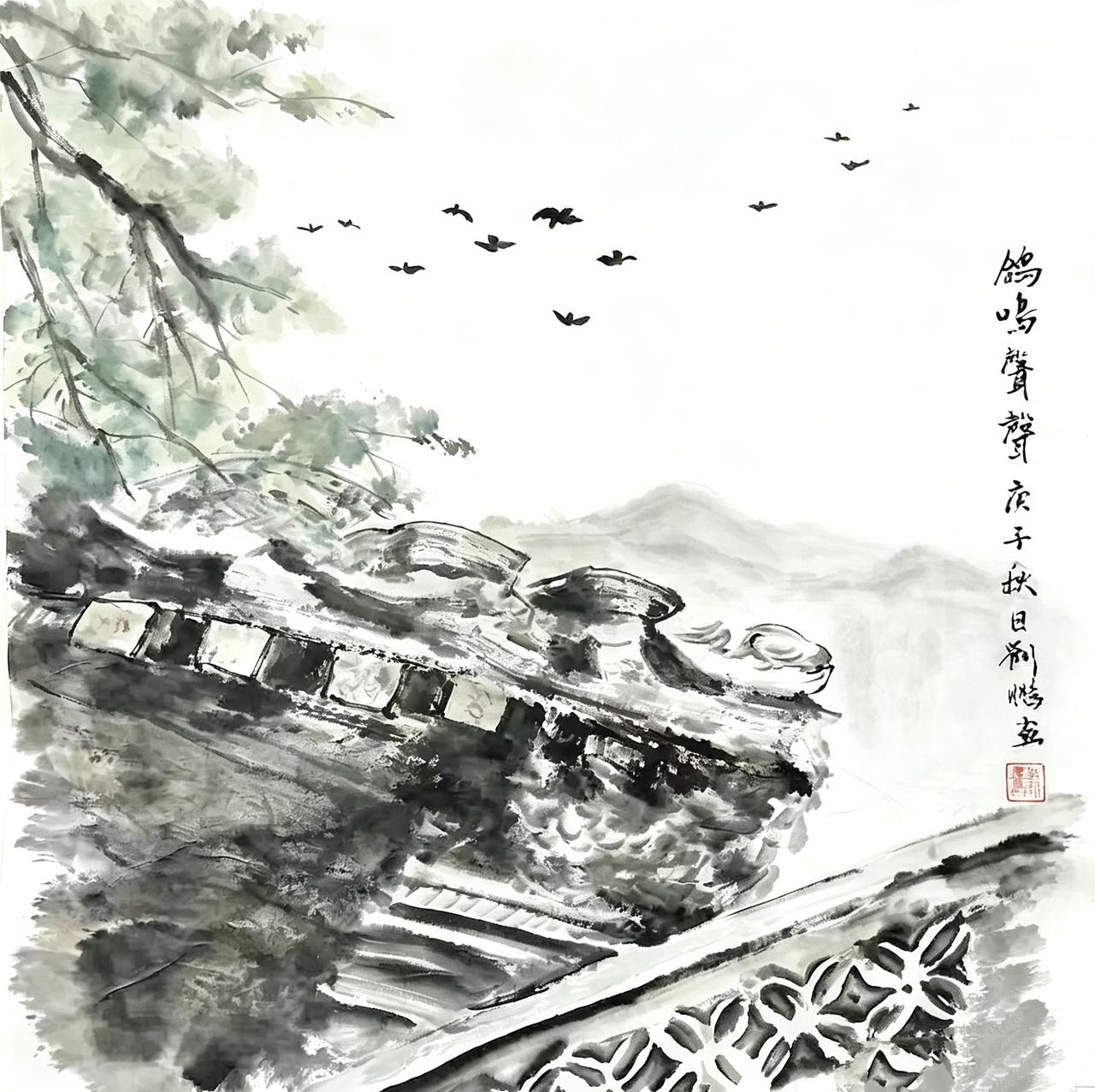 水墨一幅《鸽鸣声声》藏着老北京人挥之不去的童年记忆。一角老瓦，几枝老树，一群鸽子