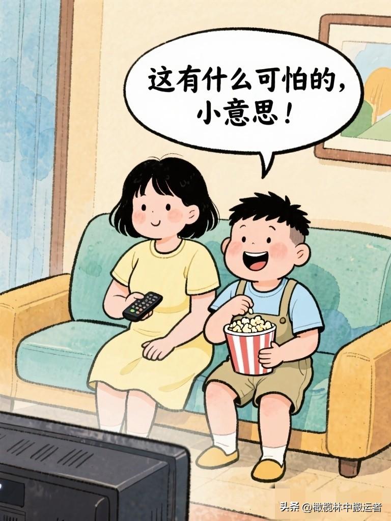 搞笑漫画：姐弟俩一起看恐怖电影。弟弟嘴上逞强：“这有什么可怕的，小意思。”结果吓
