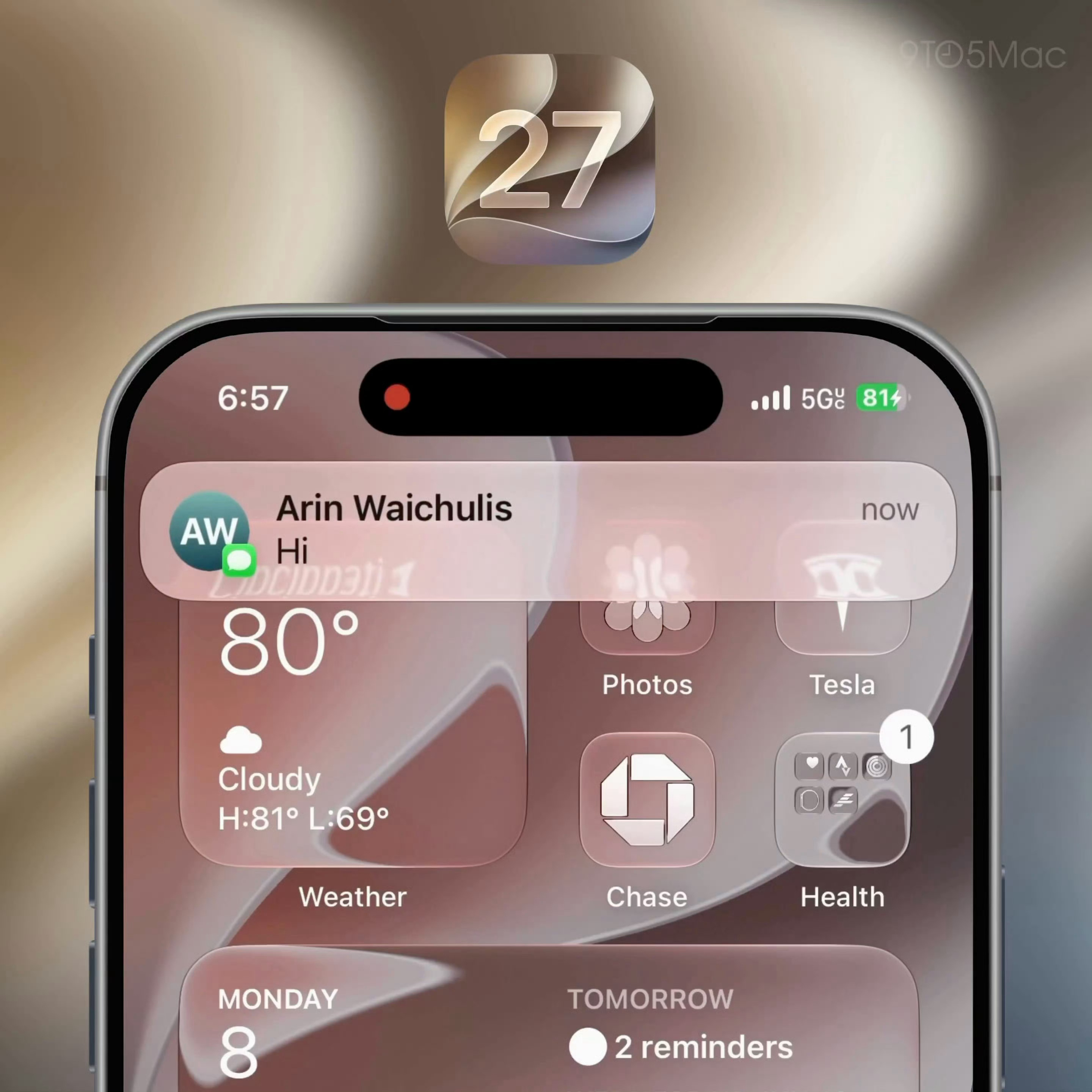 新变化，iOS 27的通知动画改为从左上角弹出来 