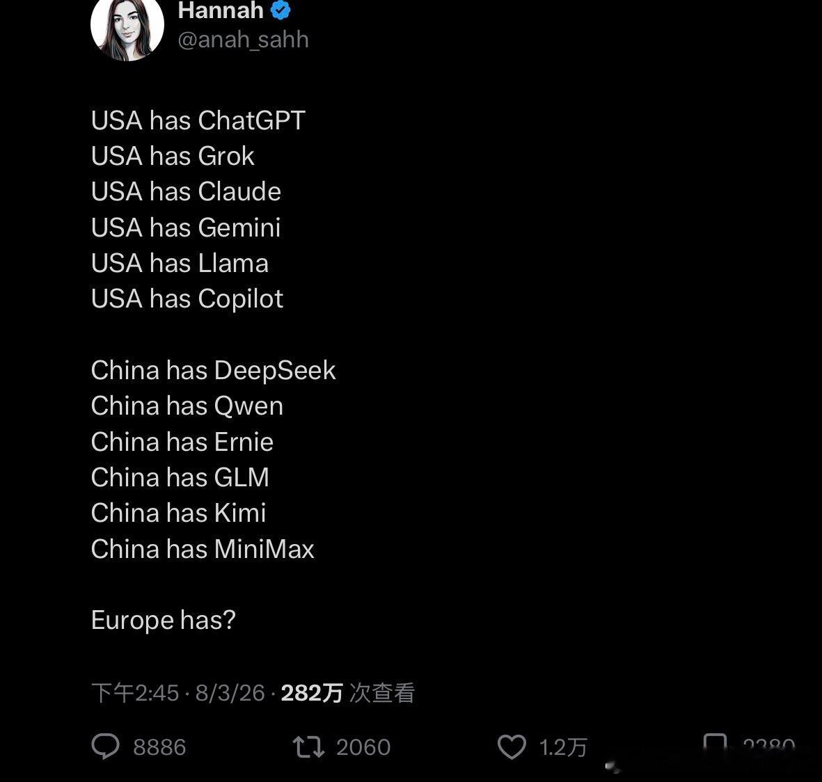 网红质问欧洲：“中国美国都有自己拿得出手的AI，欧洲有什么？”法国官方回复：“A