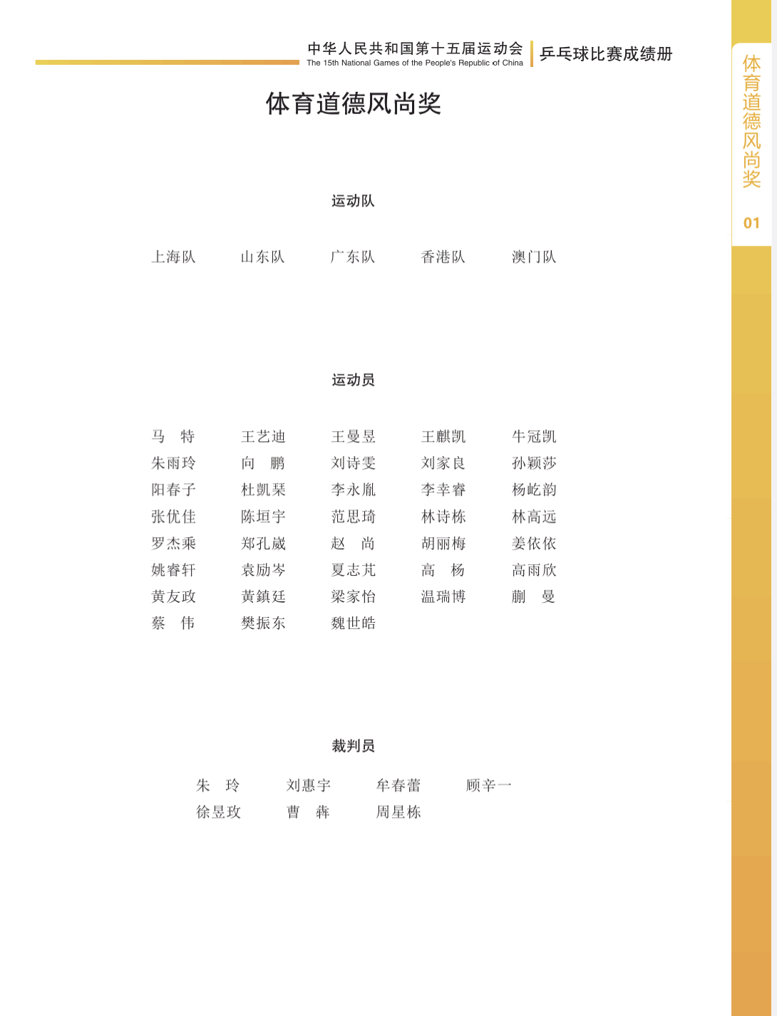 十五运体育道德风尚奖 