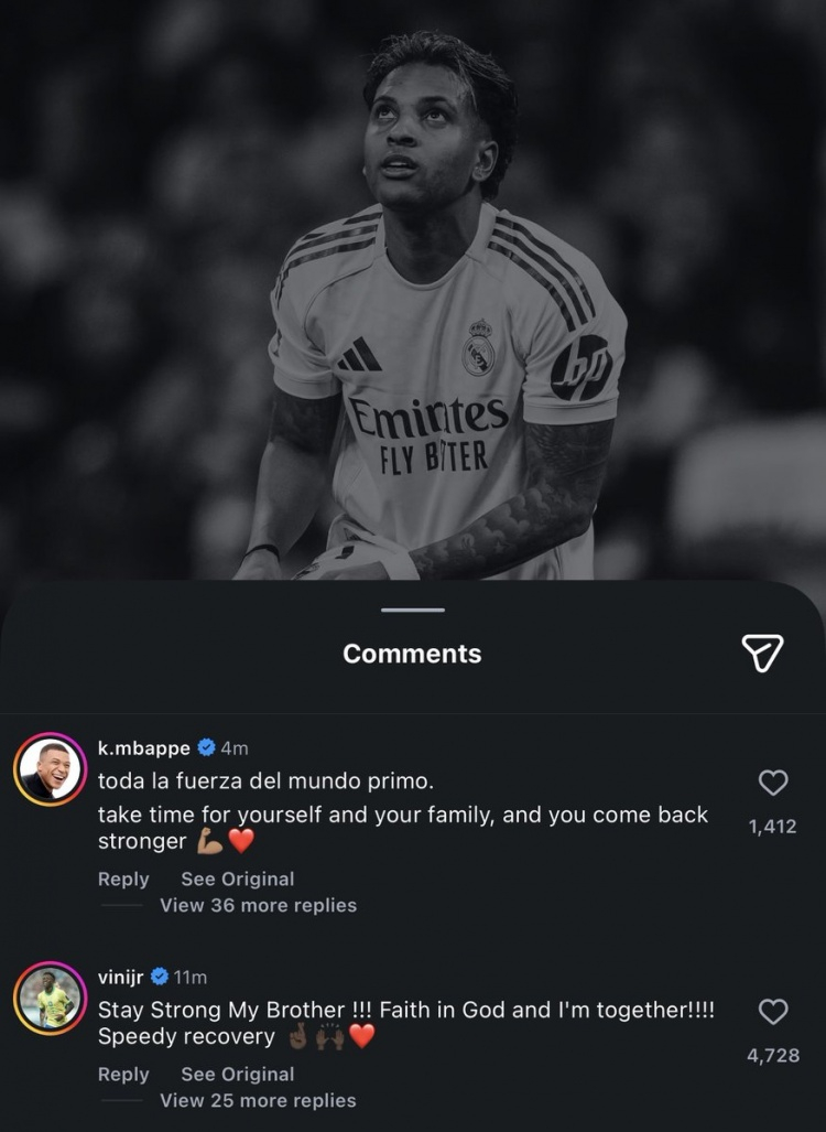 罗德里戈遭遇重伤，姆巴佩、维尼修斯社媒留言鼓励3月4日讯 皇马官方确认，队内前锋