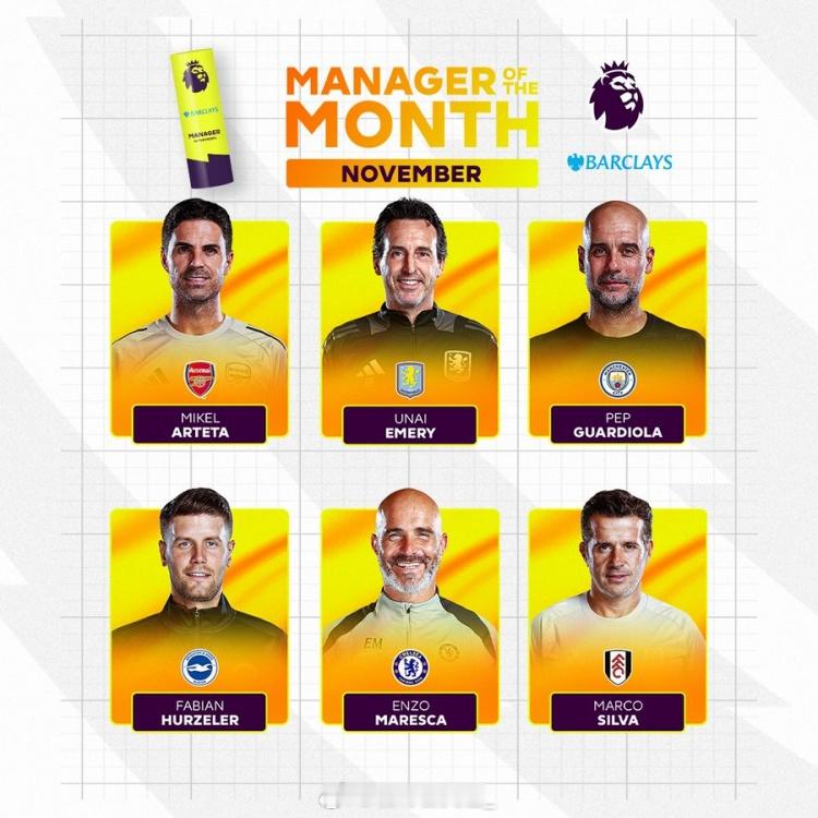 英超11月最佳主帅候选：阿尔特塔（阿森纳）：4场2胜2平，净胜球+5埃梅里（阿斯