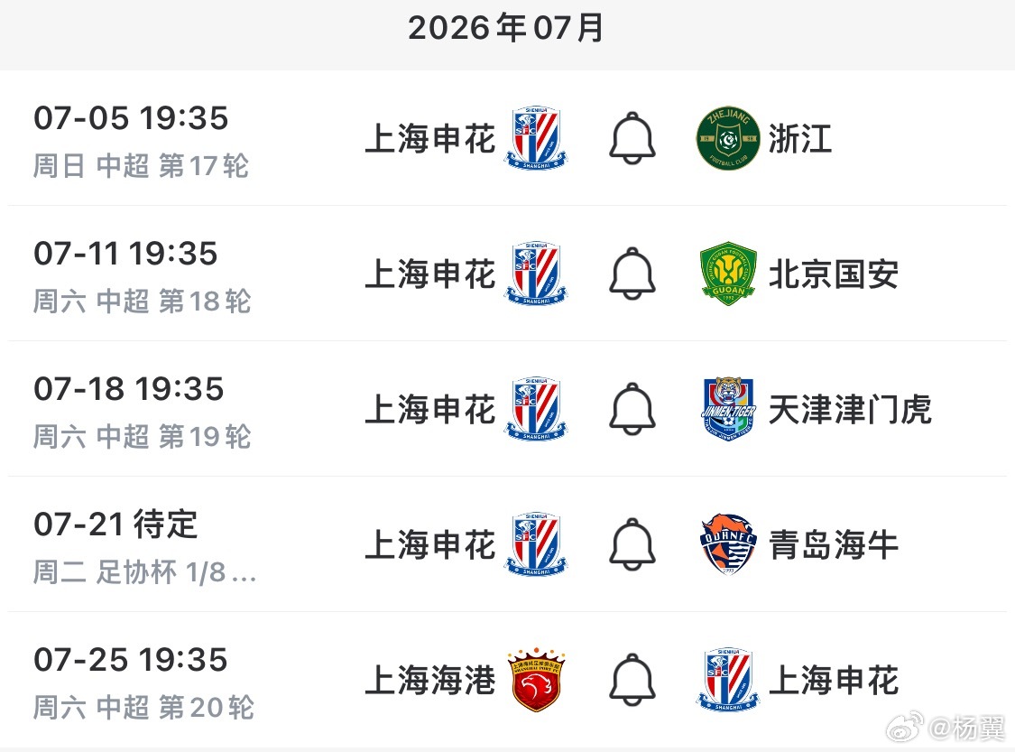 从7月的赛程来看，申花5场比赛都在上海作战，避免了舟车劳顿。但足协杯第5轮比赛期