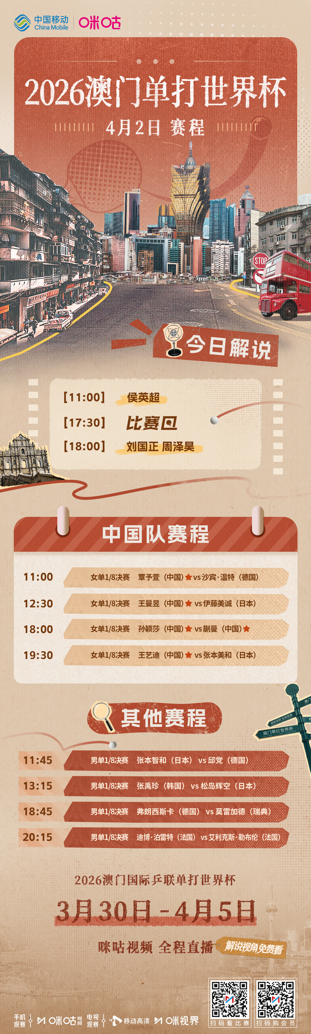 #澳门世界杯4月2日赛程# 🖊️ 正赛第4️⃣日赛程🇨🇳 中国队5人出战女