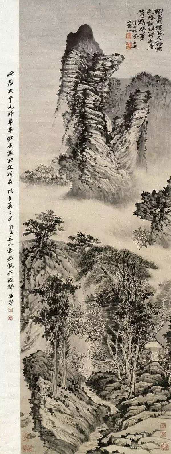 张大千 仿石涛笔意图。张大千早年仿石涛的面貌。他在临摹上下过苦功夫，对石涛的绘画