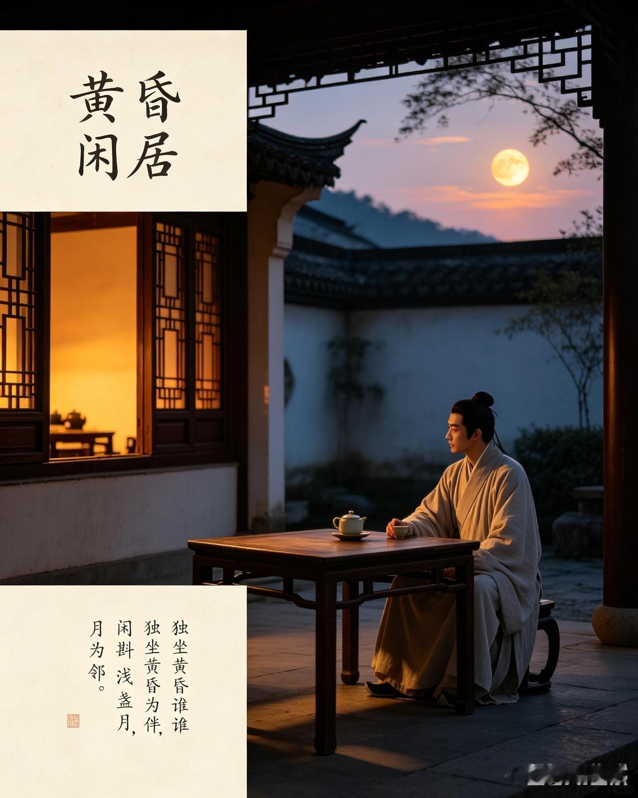 头条创作训练营 《黄昏闲居》
独坐黄昏谁为伴，
闲斟浅盏月为邻。
檐前瘦影摇风叶