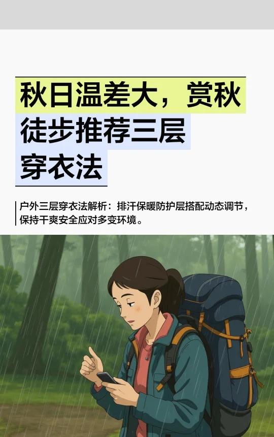 秋日温差大，赏秋徒步推荐三层穿衣法
户外“三层穿衣法”通过基础层排汗、保暖层隔温