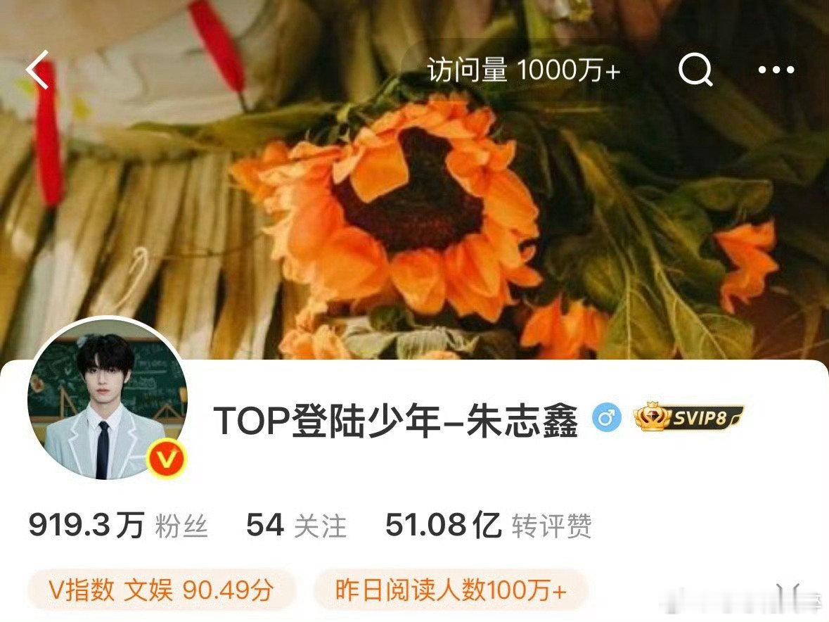 朱志鑫主页访问量突破1000w 楼内唯一一位微博主页访问量突破1000w的艺人 