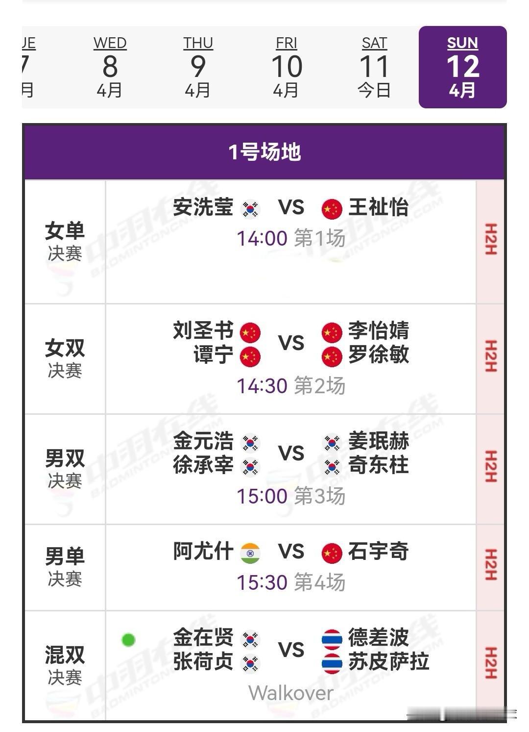 4月12日亚洲羽毛球锦标赛决赛安排

今日半决赛，国羽4胜2负。李怡婧/罗徐敏直