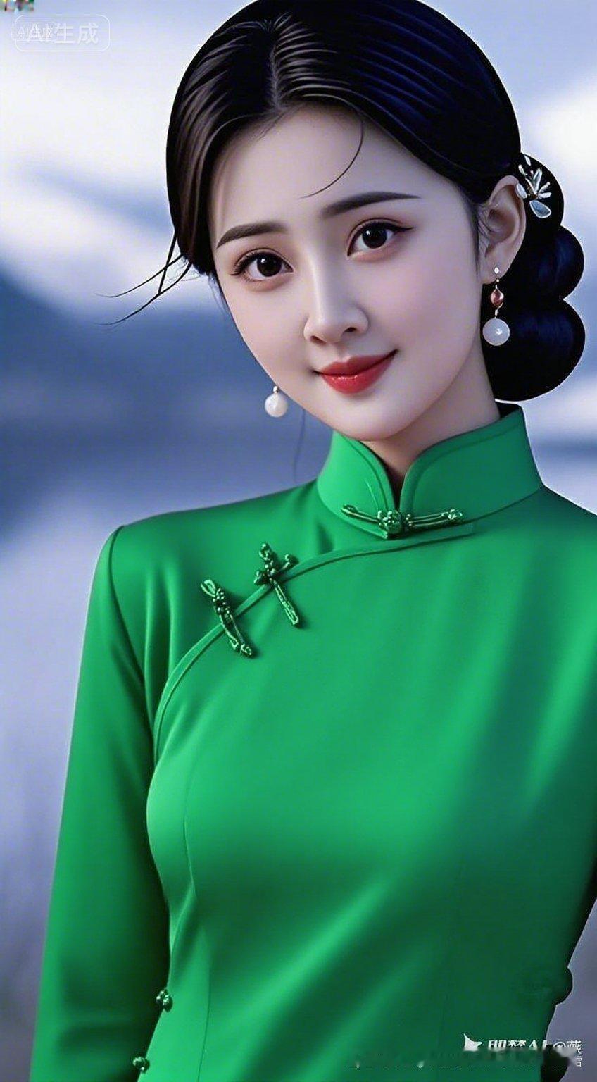 惊艳的东方美人，一袭绿色旗袍，尽显古典韵味！