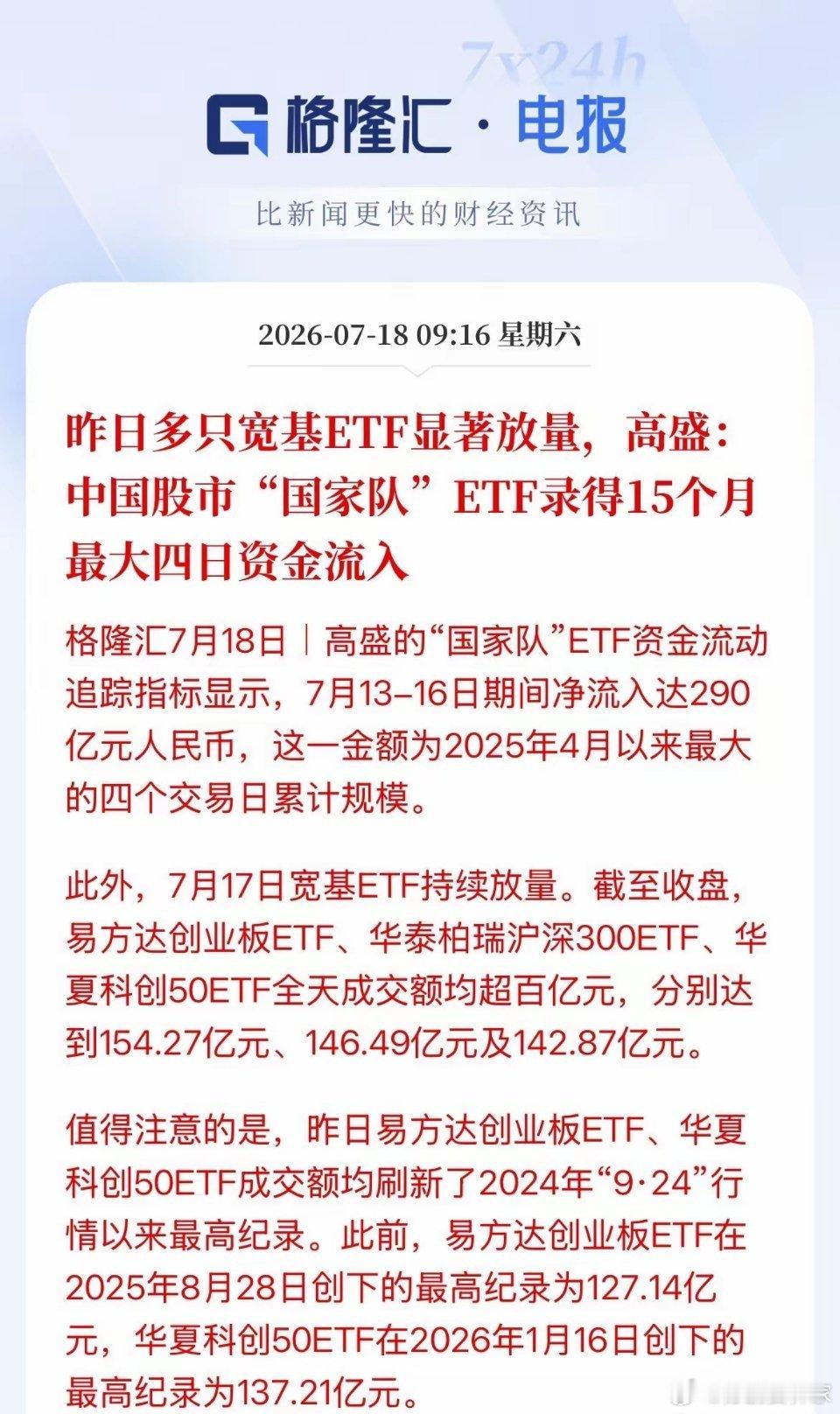 喊：老乡别走！高盛说“国家队”抄底了！宽基ETF持续放量，创业板、沪深300、科
