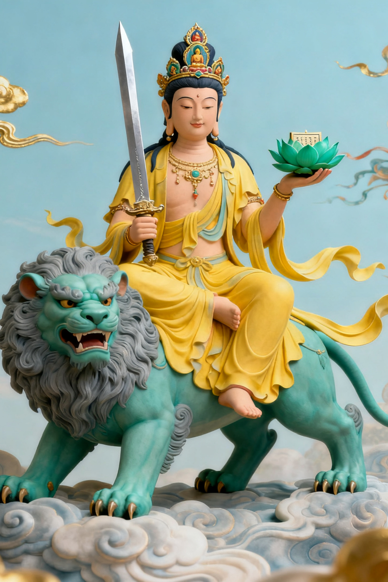 文殊菩萨主开大智慧，以智慧为利剑，有什么愿望留下来吧！一定会实现的！ 