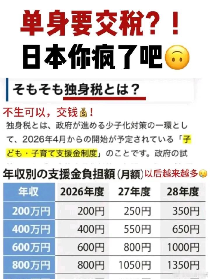 你不是不结婚吗？那你就交钱，日本现在也是为人口问题着急，你不是不结婚吗？那你就帮