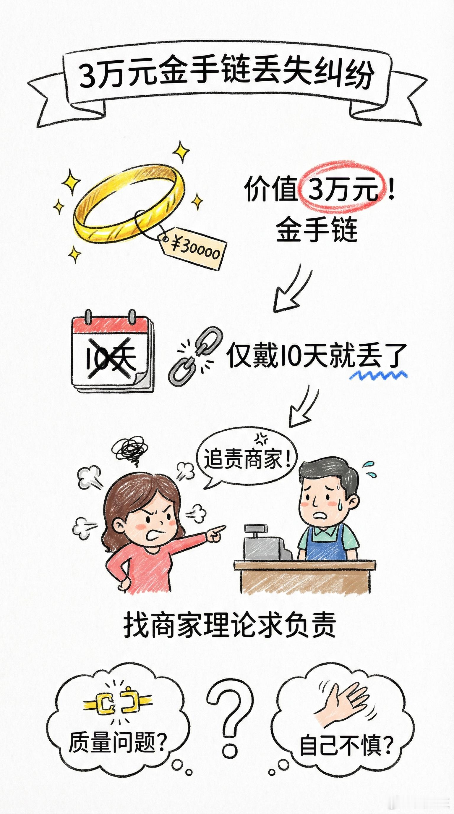 女子3万元金手链戴10天丢失追责商家潘小姐花三万多买金手链，戴十天就丢，怀疑设计