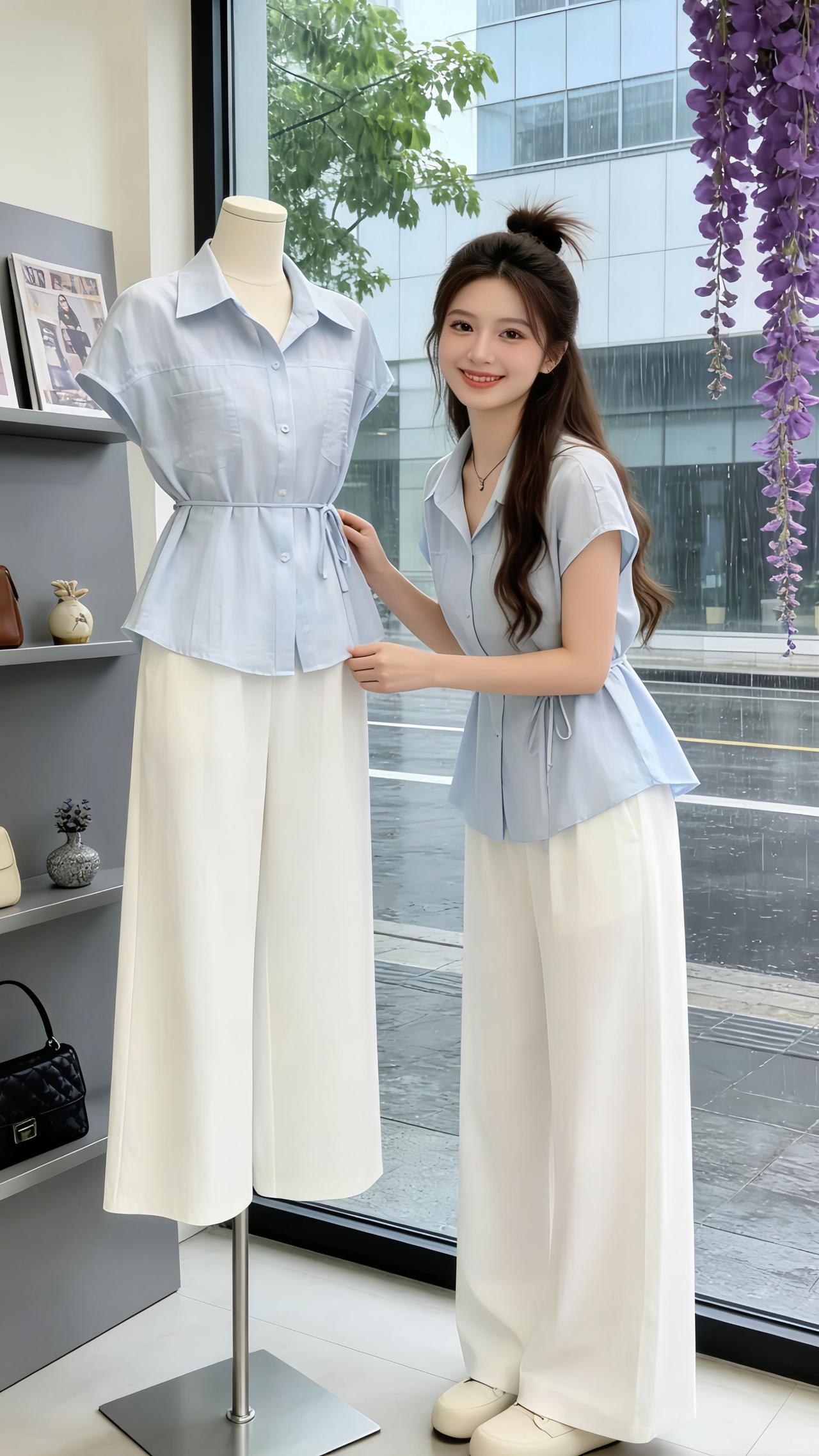 雨天的城市裹着软乎乎的水汽，Danny换上这套浅蓝衬衫套装，翻领利落大方，收腰系