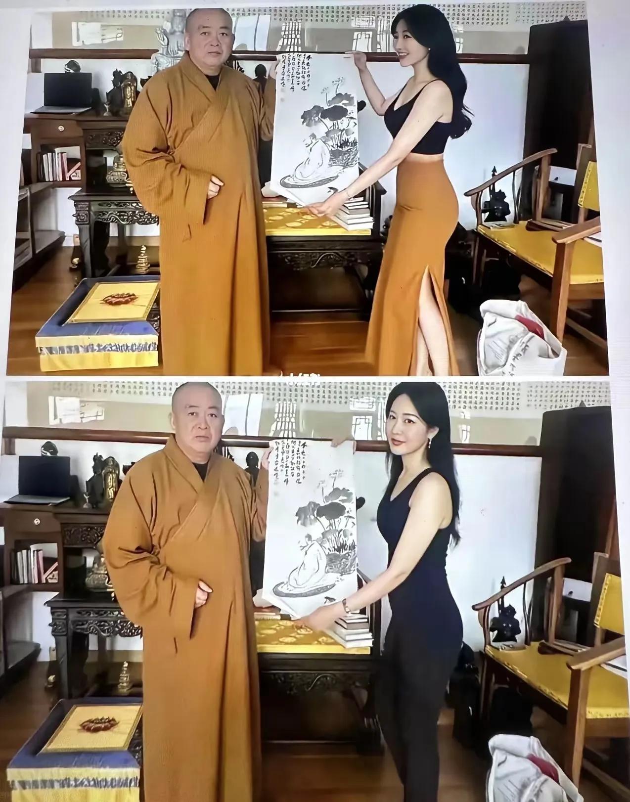 释永信和美女合照，照片中的女生，两张照片有什么区别吗？哪一张是先拍的？
第一张，