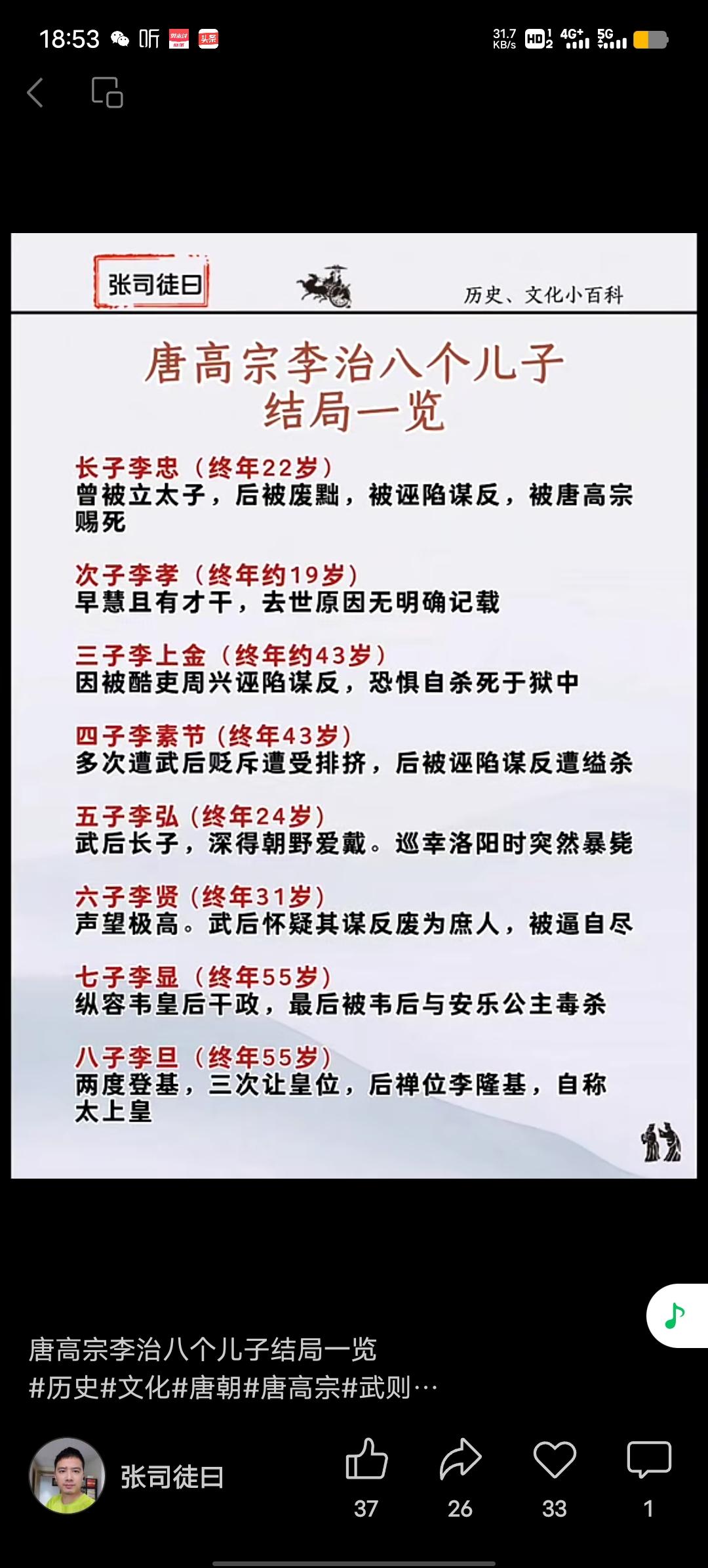 李治有八个儿子，其中前四个是他与萧淑妃、徐婕妤所生。老大李忠，曾被立为太子，后被