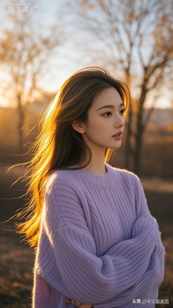 温柔紫毛衣少女，夕阳下的浪漫时光