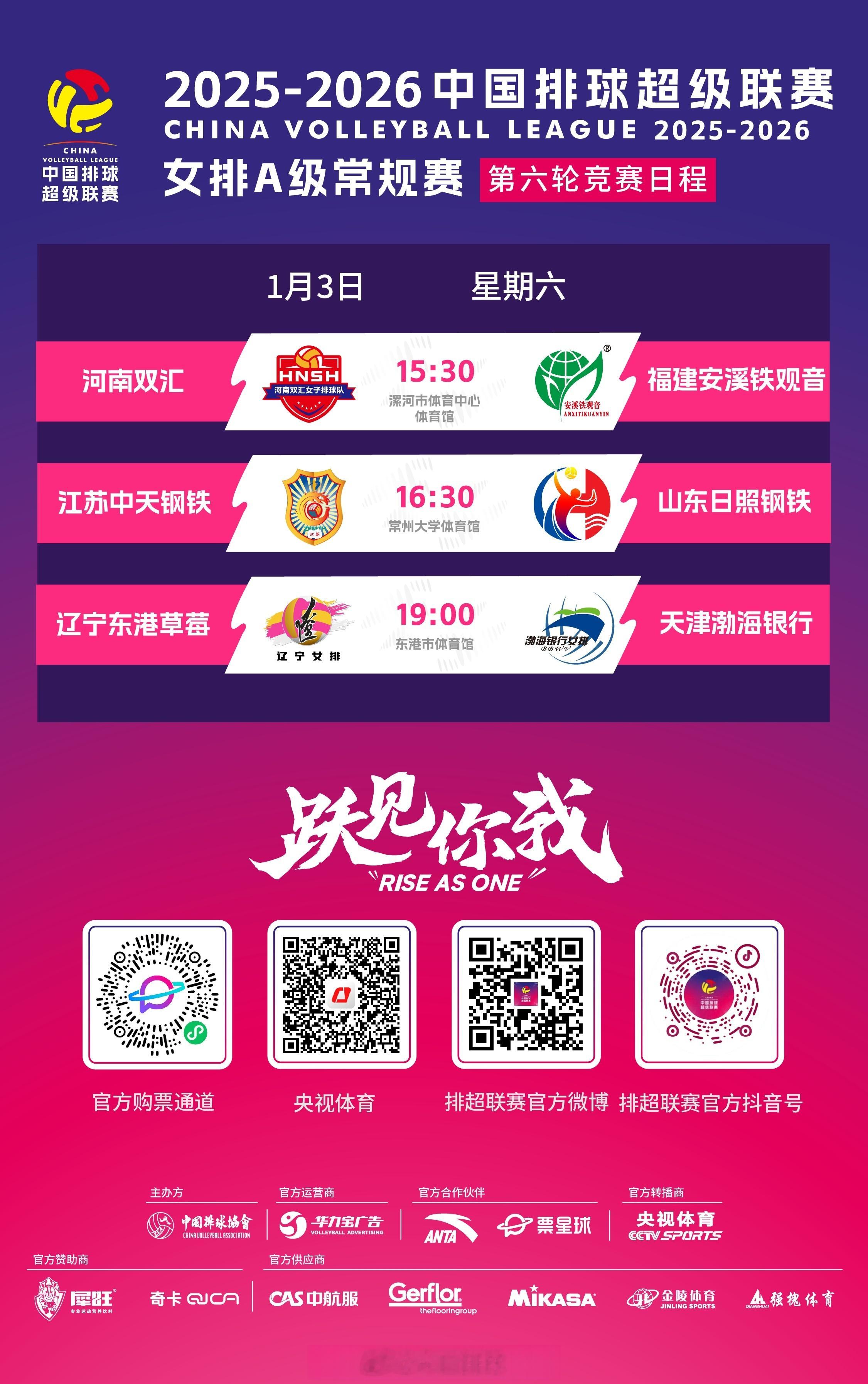 2025-2026中国女排超级联赛 A级常规赛第6轮的比赛，明天（1月3日）继续