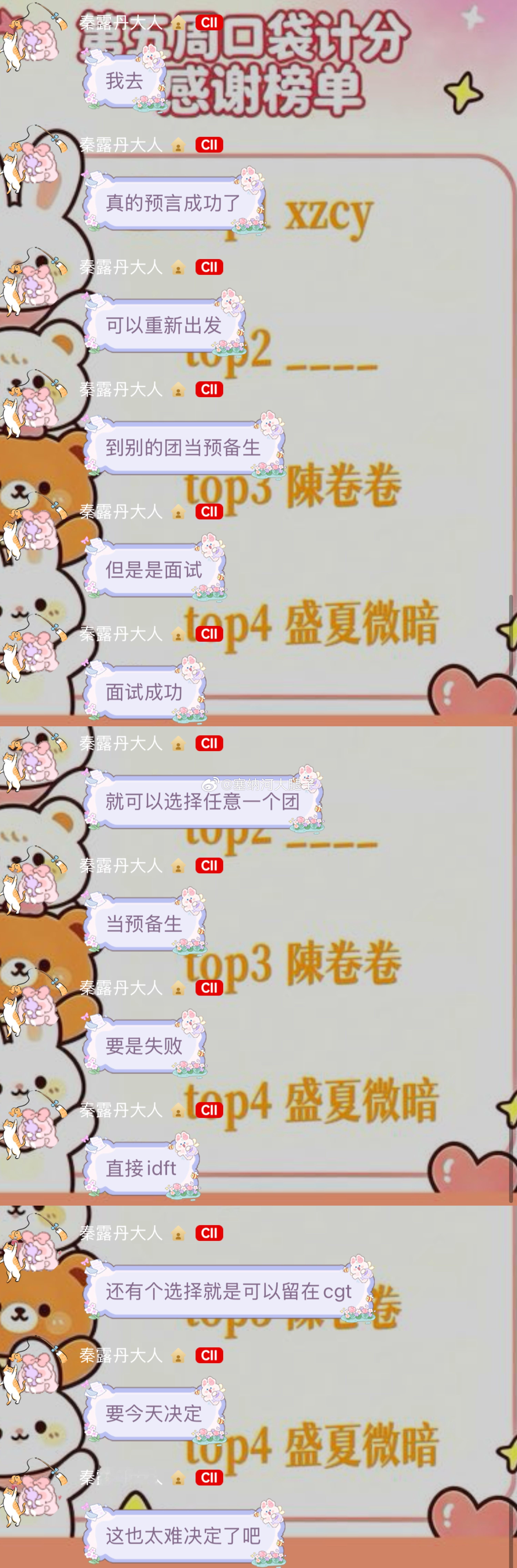 cgt成员可以自选留在cgt或者去别的团，今天就要决定好。但是去别的团需要面试，