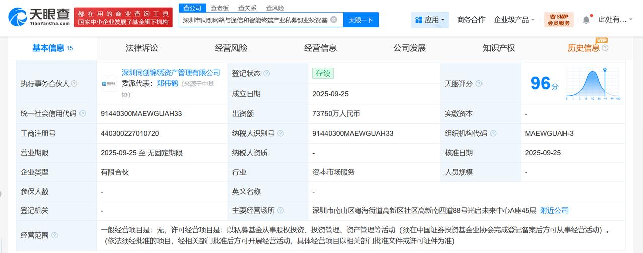 深圳同创网络与通信和智能终端产业私募基金成立出资额约7.4亿
天眼查App显示，